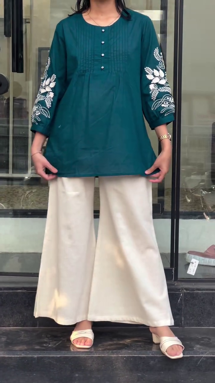 Olive Green Pintuck Kurti with Embroidered Sleeves