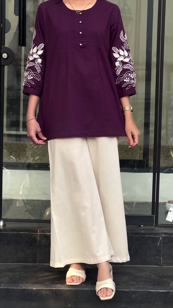 Olive Green Pintuck Kurti with Embroidered Sleeves