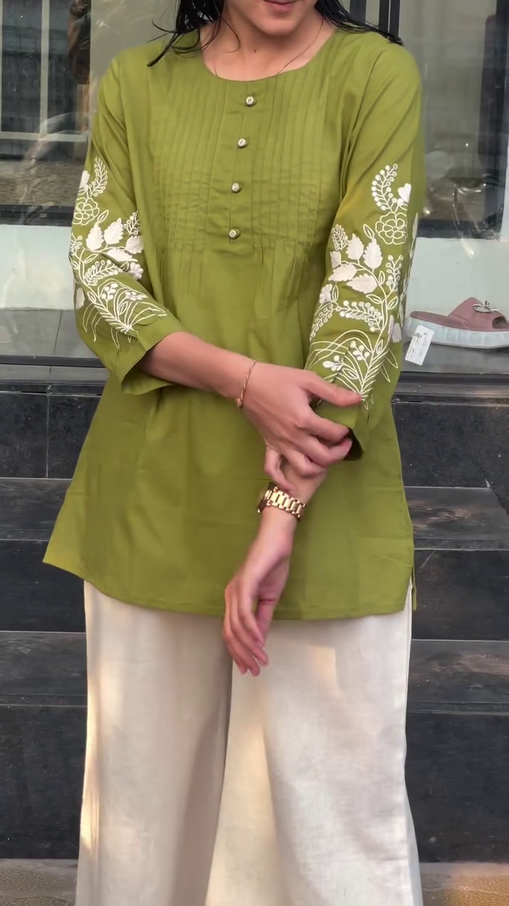 Olive Green Pintuck Kurti with Embroidered Sleeves