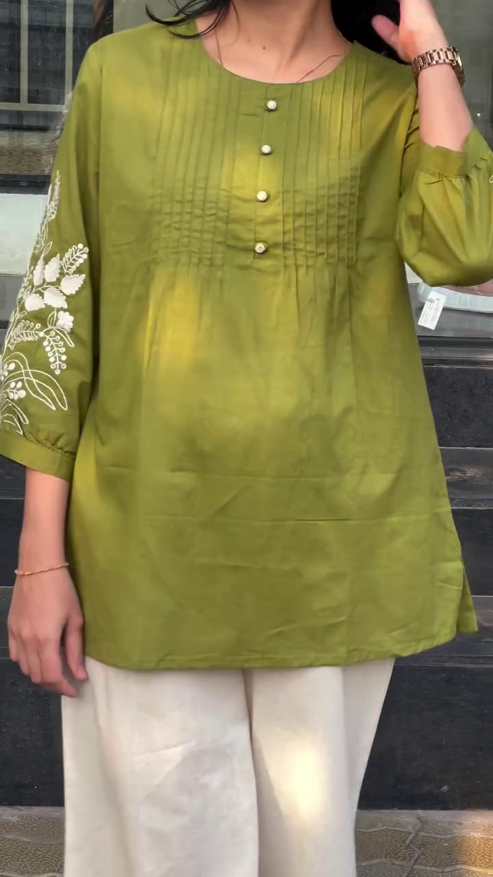 Olive Green Pintuck Kurti with Embroidered Sleeves