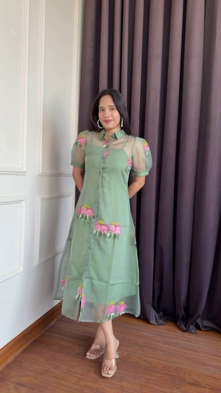 Mint Green Sheer Floral Button-Down Dress