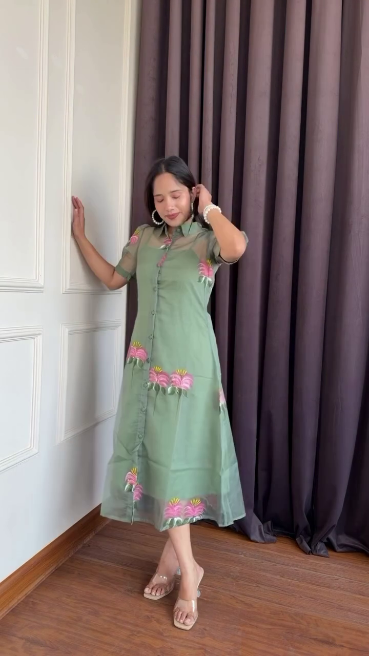 Mint Green Sheer Floral Button-Down Dress