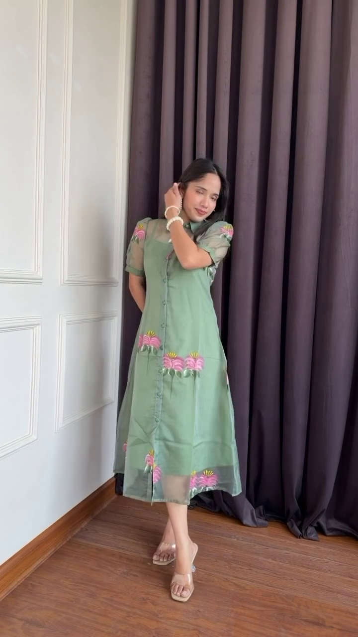 Mint Green Sheer Floral Button-Down Dress