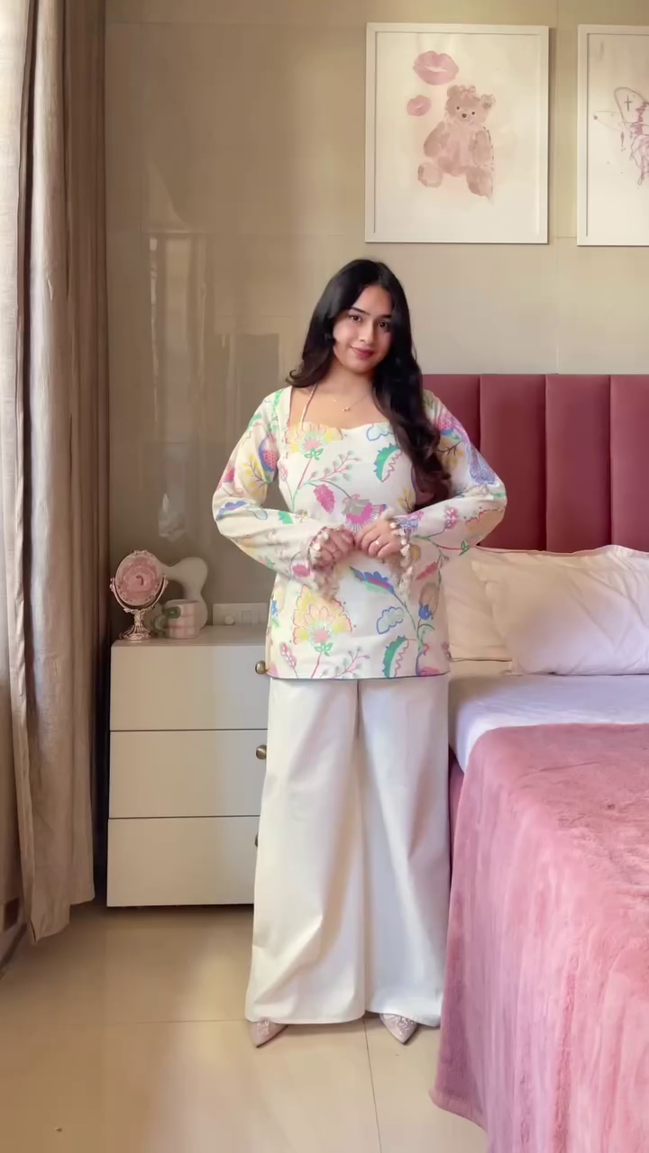 Blue & White Printed Casual Top with Flared Jeans