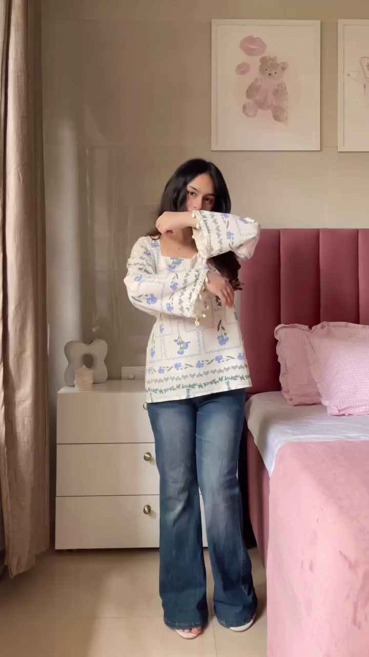 Blue & White Printed Casual Top with Flared Jeans