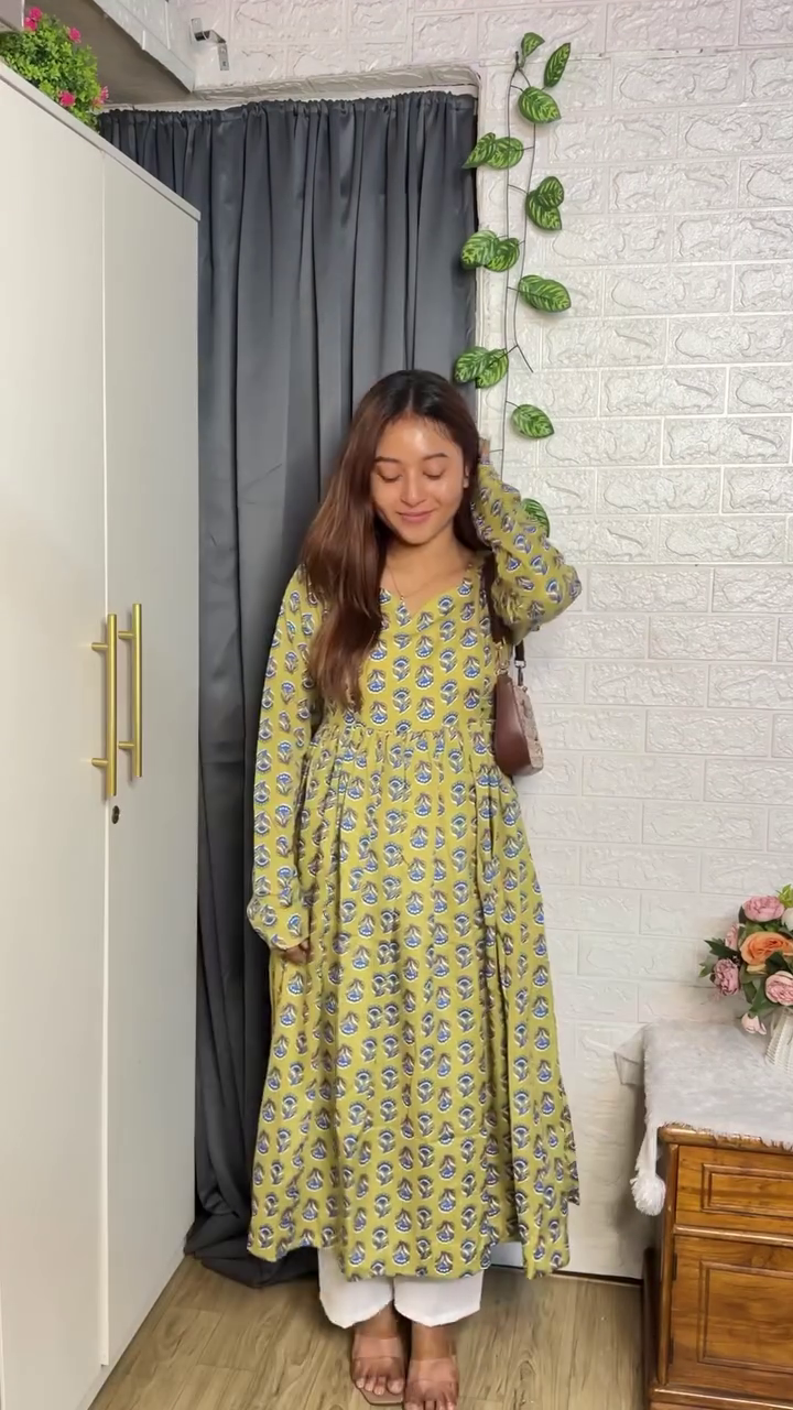 Mustard Printed Anarkali Kurta with White Pants
