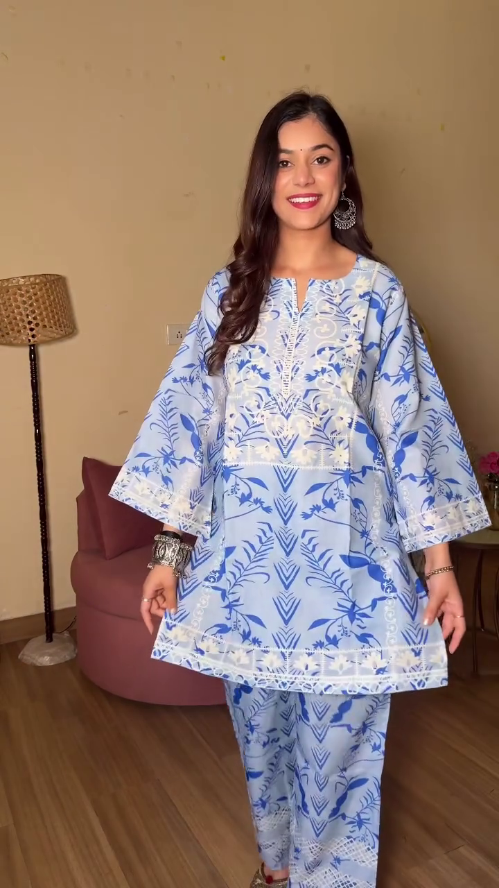 Blue Printed Kurta Palazzo Set