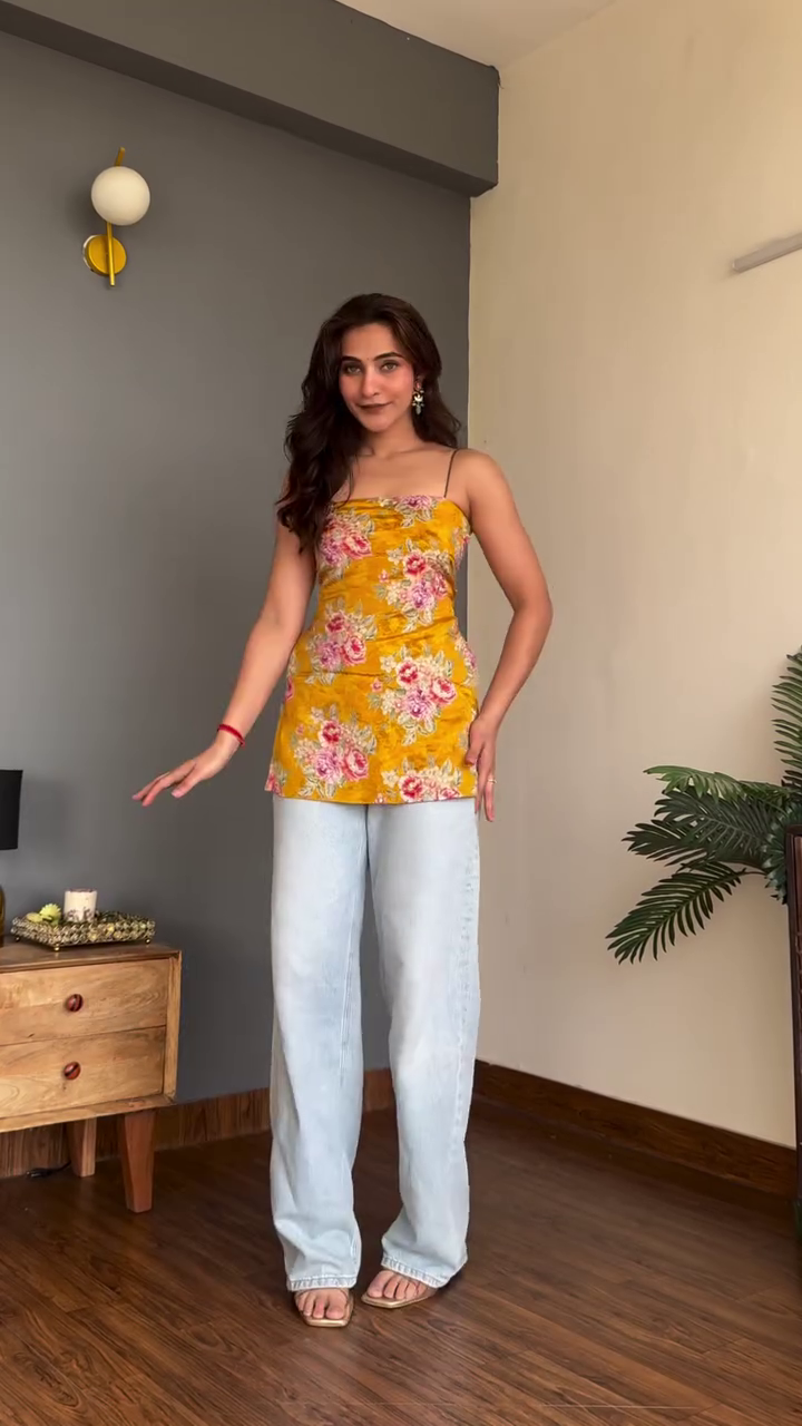 Black Floral Sheer Sleeve Top with Straight Jeans