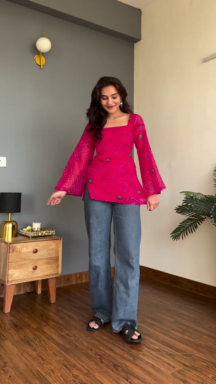 Black Floral Sheer Sleeve Top with Straight Jeans