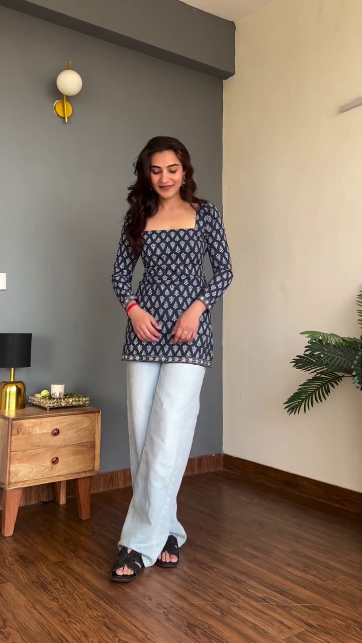 Black Floral Sheer Sleeve Top with Straight Jeans