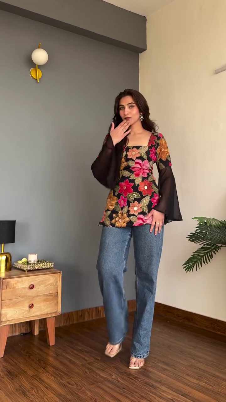 Black Floral Sheer Sleeve Top with Straight Jeans