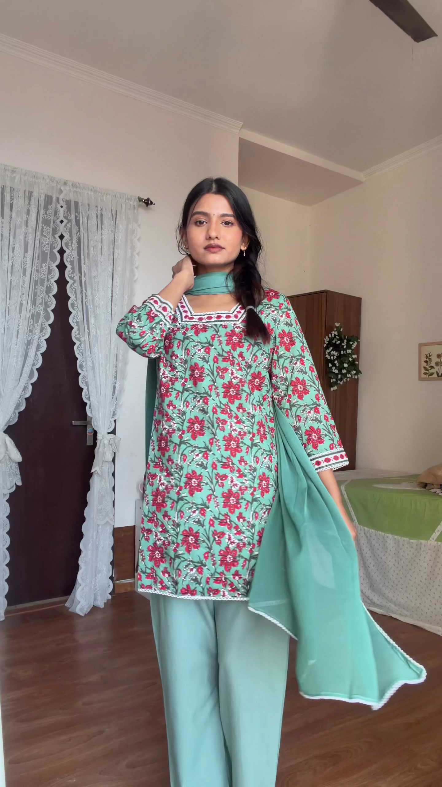 Sage Green Floral Kurta Set with Dupatta