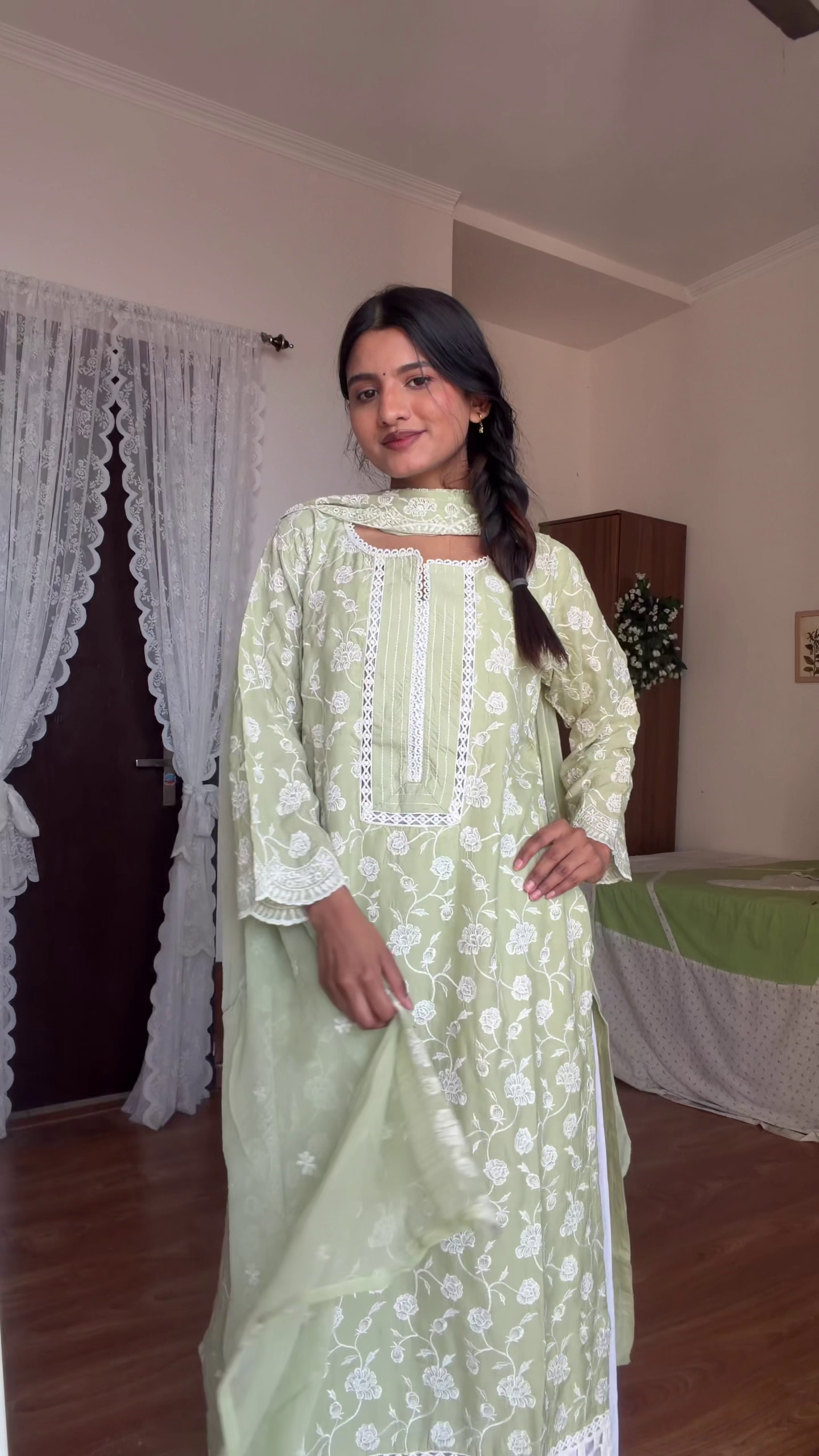Sage Green Floral Kurta Set with Dupatta