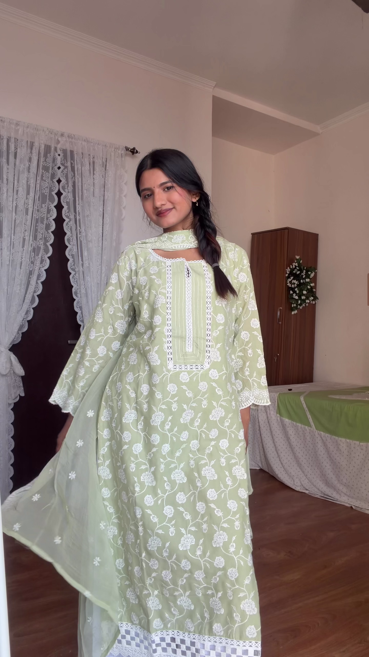 Sage Green Floral Kurta Set with Dupatta