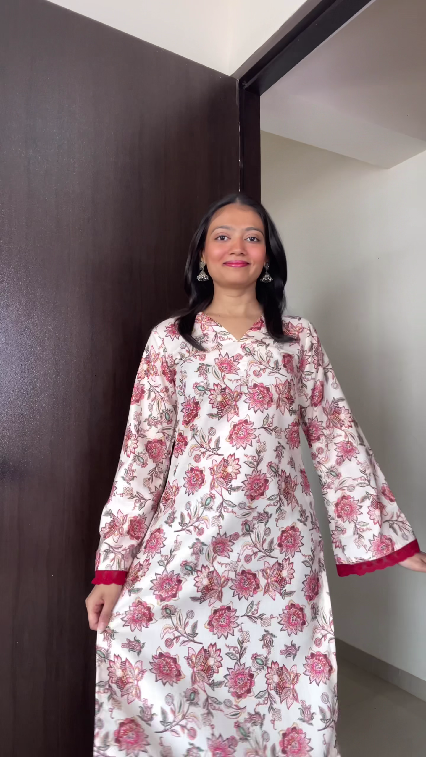 White & Pink Floral A-Line Kurti