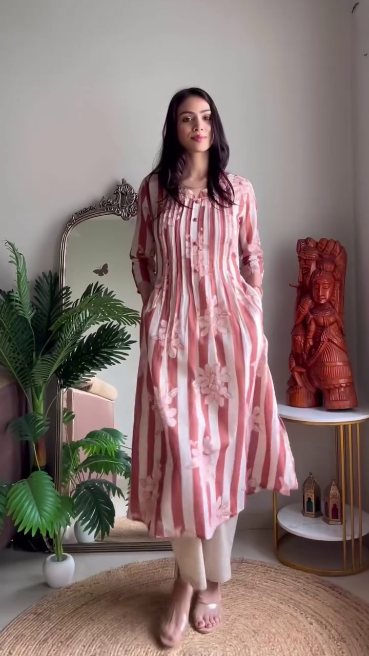 Peach Striped Floral Midi Kurta