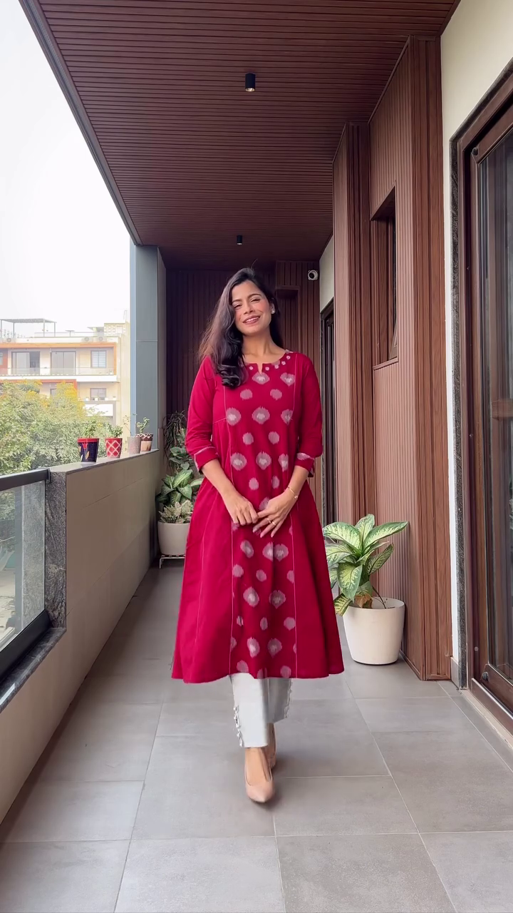 Red A-Line Kurta with Contrast Yoke