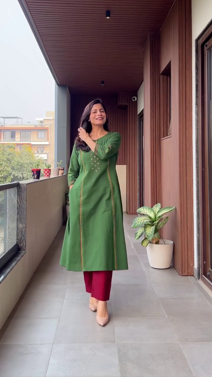 Red A-Line Kurta with Contrast Yoke