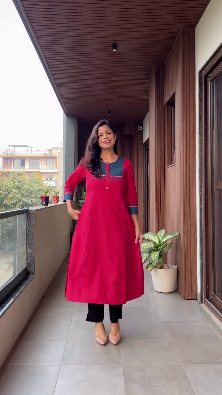 Red A-Line Kurta with Contrast Yoke