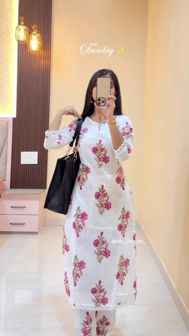 White & Orange Floral Printed Kurta Set