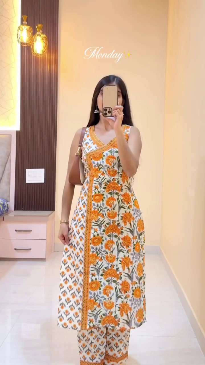 White & Orange Floral Printed Kurta Set