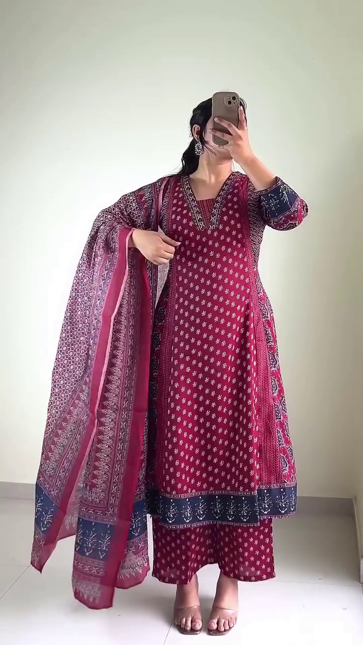Maroon Printed Kurta Palazzo Set with Dupatta