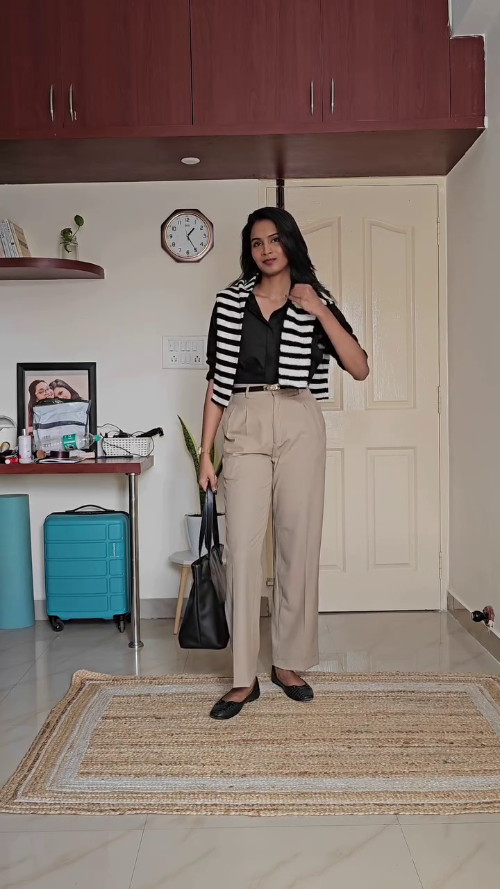 Black Shirt + Beige Wide-Leg Trousers