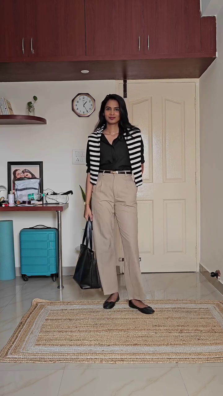 Black Shirt + Beige Wide-Leg Trousers