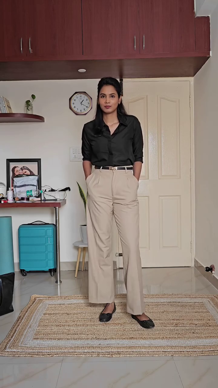 Black Shirt + Beige Wide-Leg Trousers