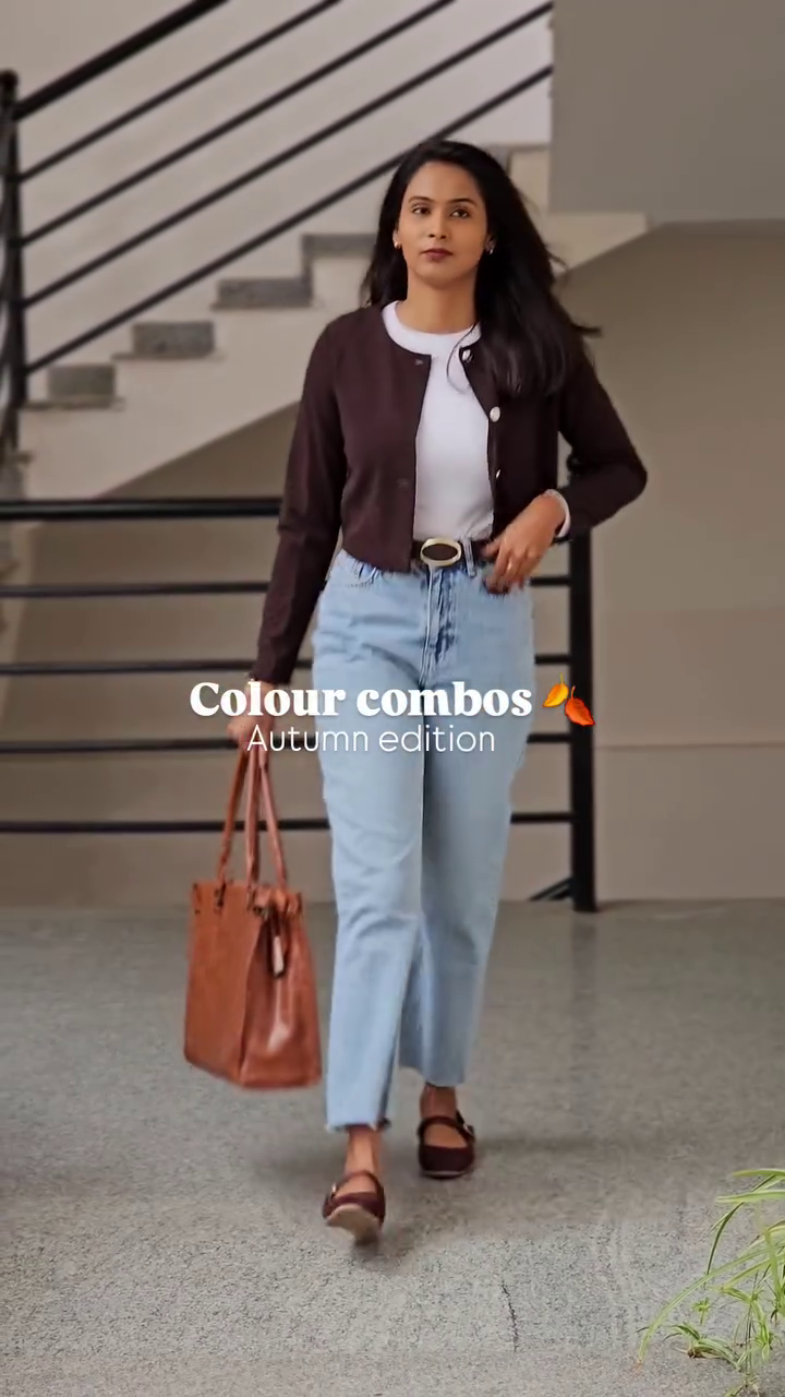 Brown Cardigan with White Top & Light Blue Jeans