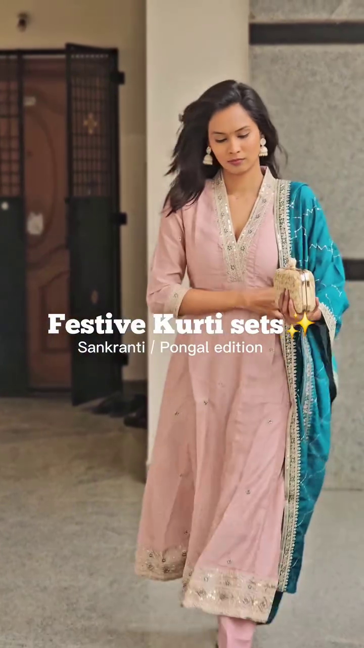 Festive Pink Kurti Set with Teal Dupatta