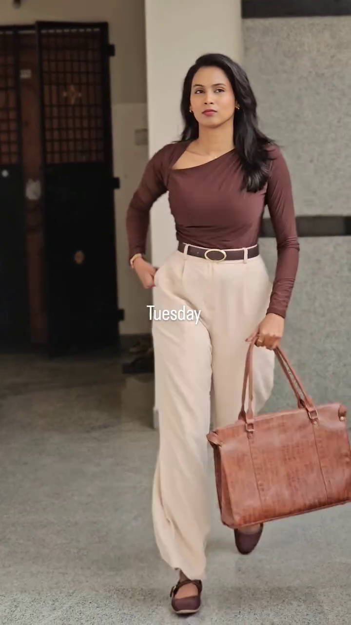 Burgundy High-Neck Top with Black Formal Trousers