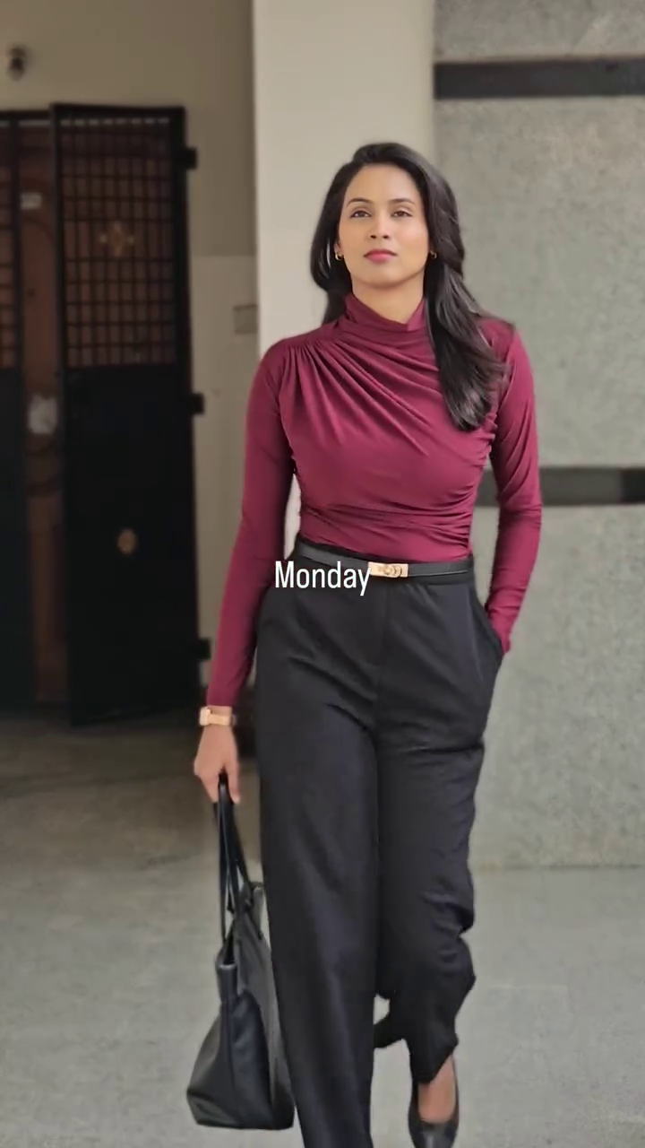 Burgundy High-Neck Top with Black Formal Trousers