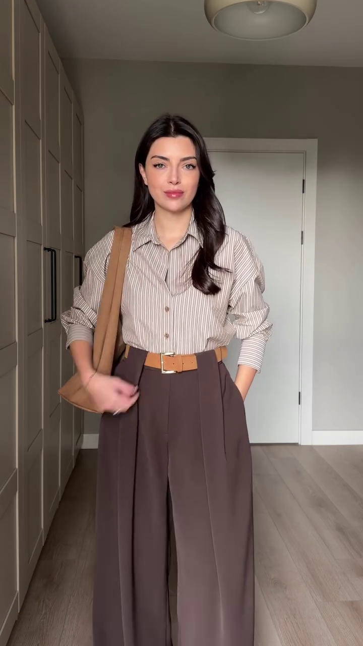 Blue Striped Oversized Shirt with Navy Wide-Leg Trousers