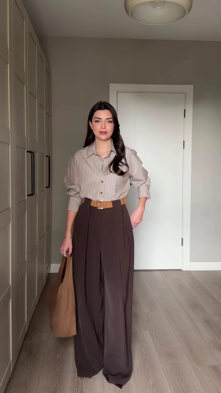 Blue Striped Oversized Shirt with Navy Wide-Leg Trousers