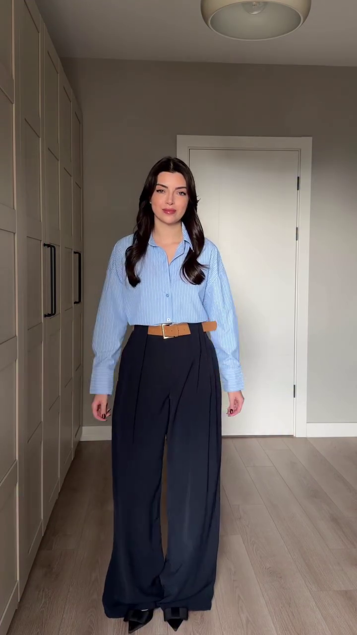 Blue Striped Oversized Shirt with Navy Wide-Leg Trousers