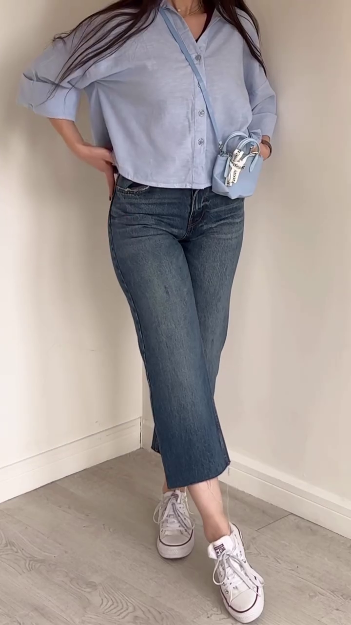 Beige Cropped Shirt + White Straight Jeans