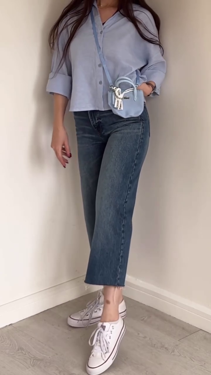 Beige Cropped Shirt + White Straight Jeans