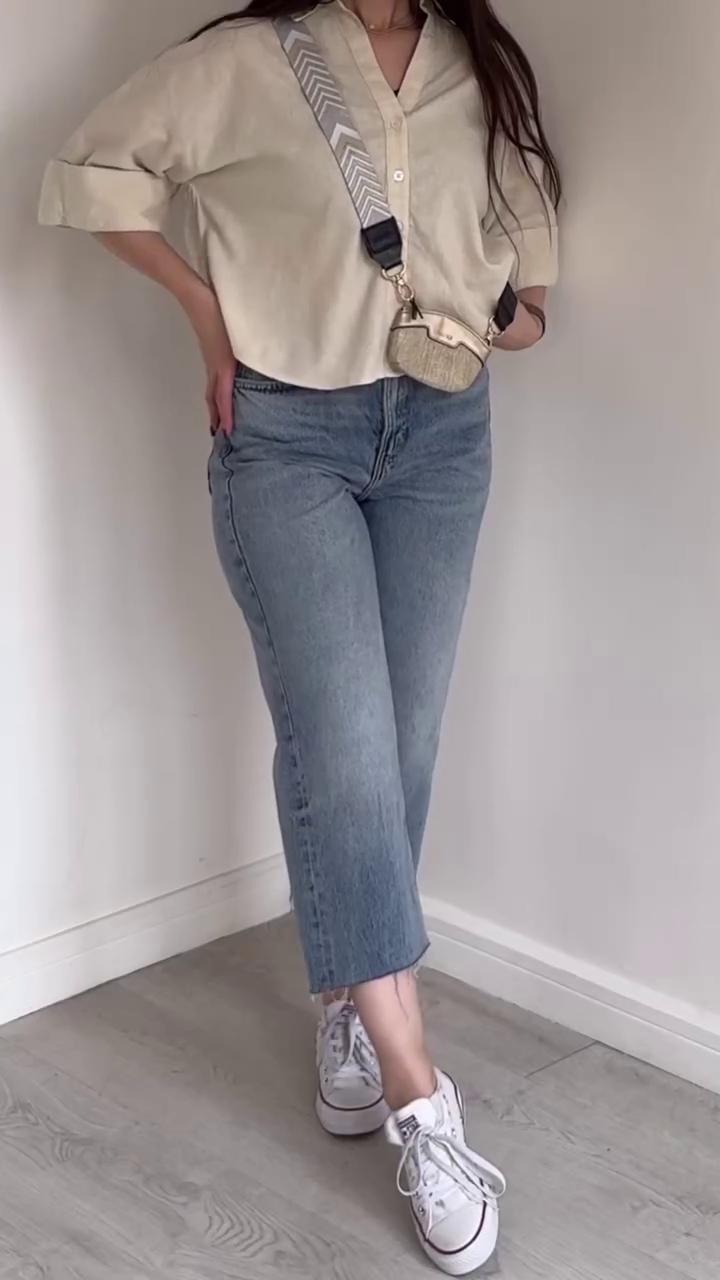Beige Cropped Shirt + White Straight Jeans