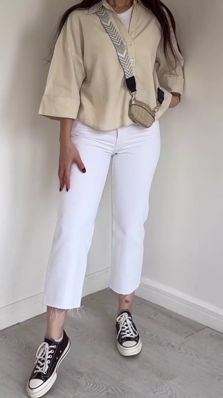 Beige Cropped Shirt + White Straight Jeans