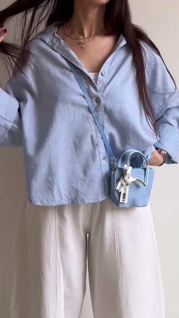 Light Blue Relaxed Shirt with Cream Wide-Leg Pants