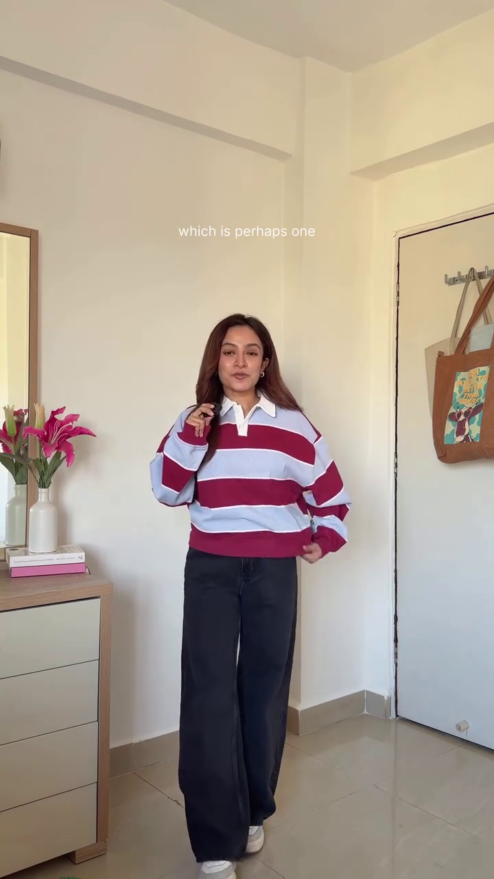 Burgundy & Grey Striped Collared Sweater with Straight Jeans