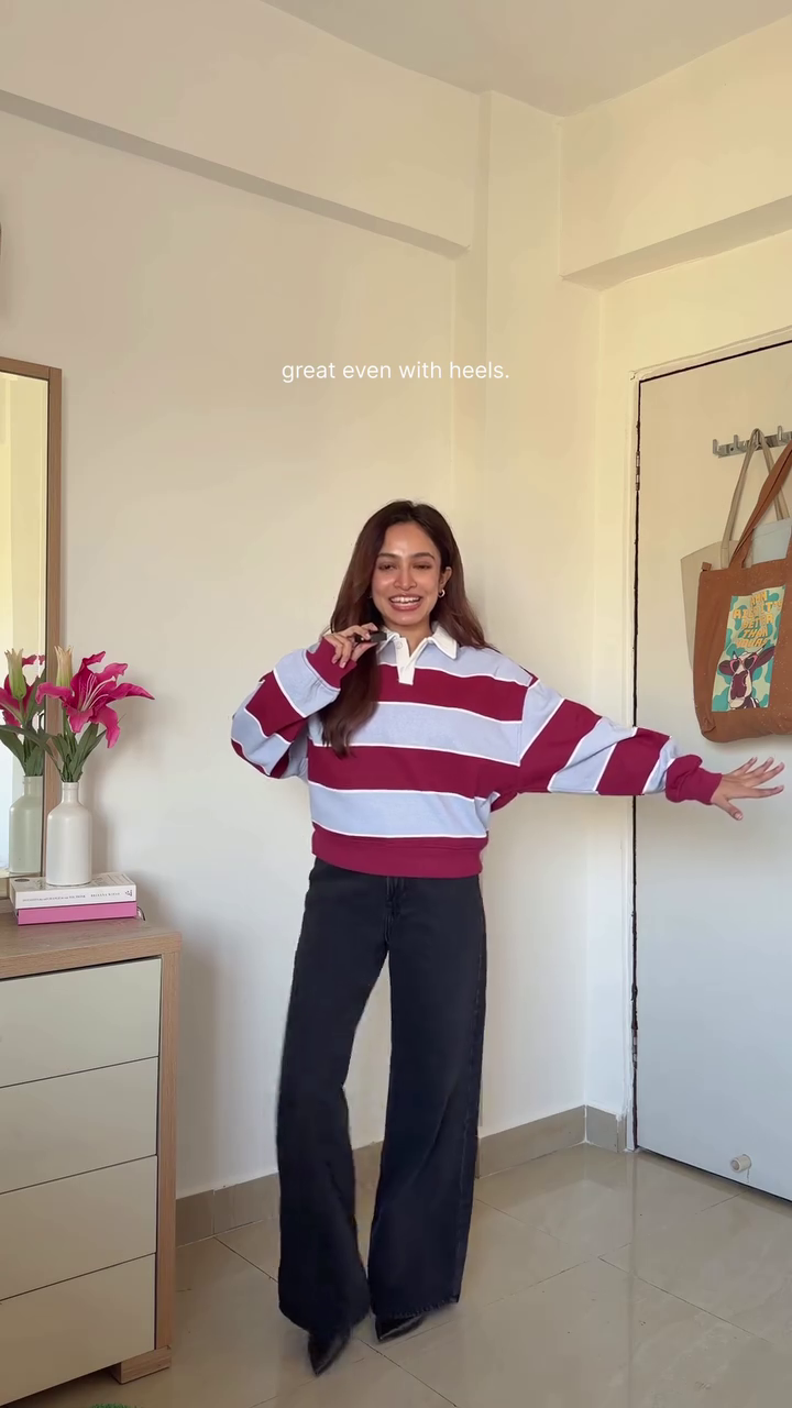 Burgundy & Grey Striped Collared Sweater with Straight Jeans