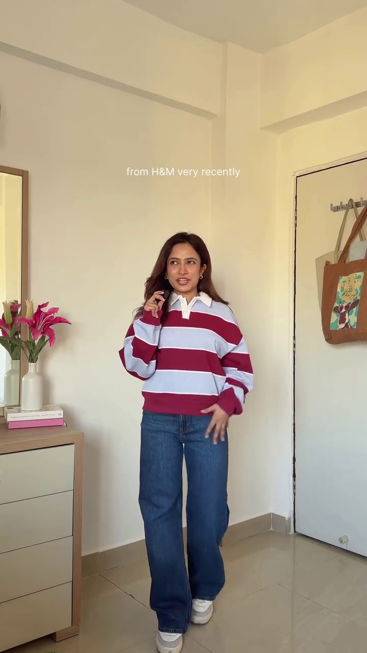 Burgundy & Grey Striped Collared Sweater with Straight Jeans