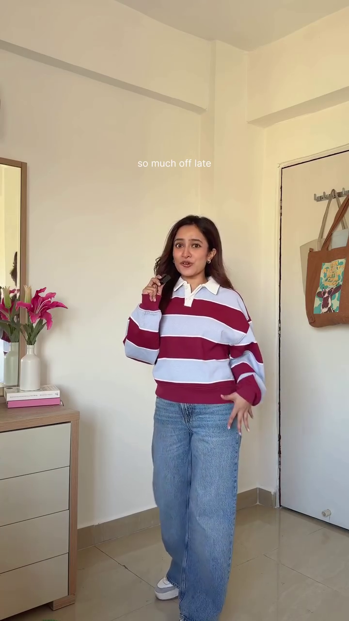 Burgundy & Grey Striped Collared Sweater with Straight Jeans