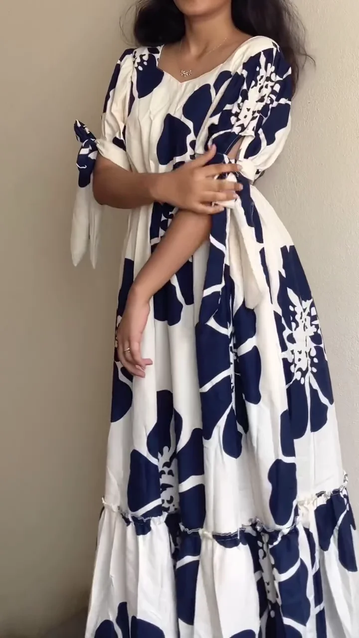White & Navy Floral Tiered Midi Dress