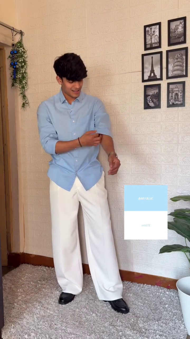 Navy Blue Shirt with Beige Trousers