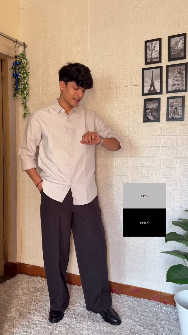 Navy Blue Shirt with Beige Trousers