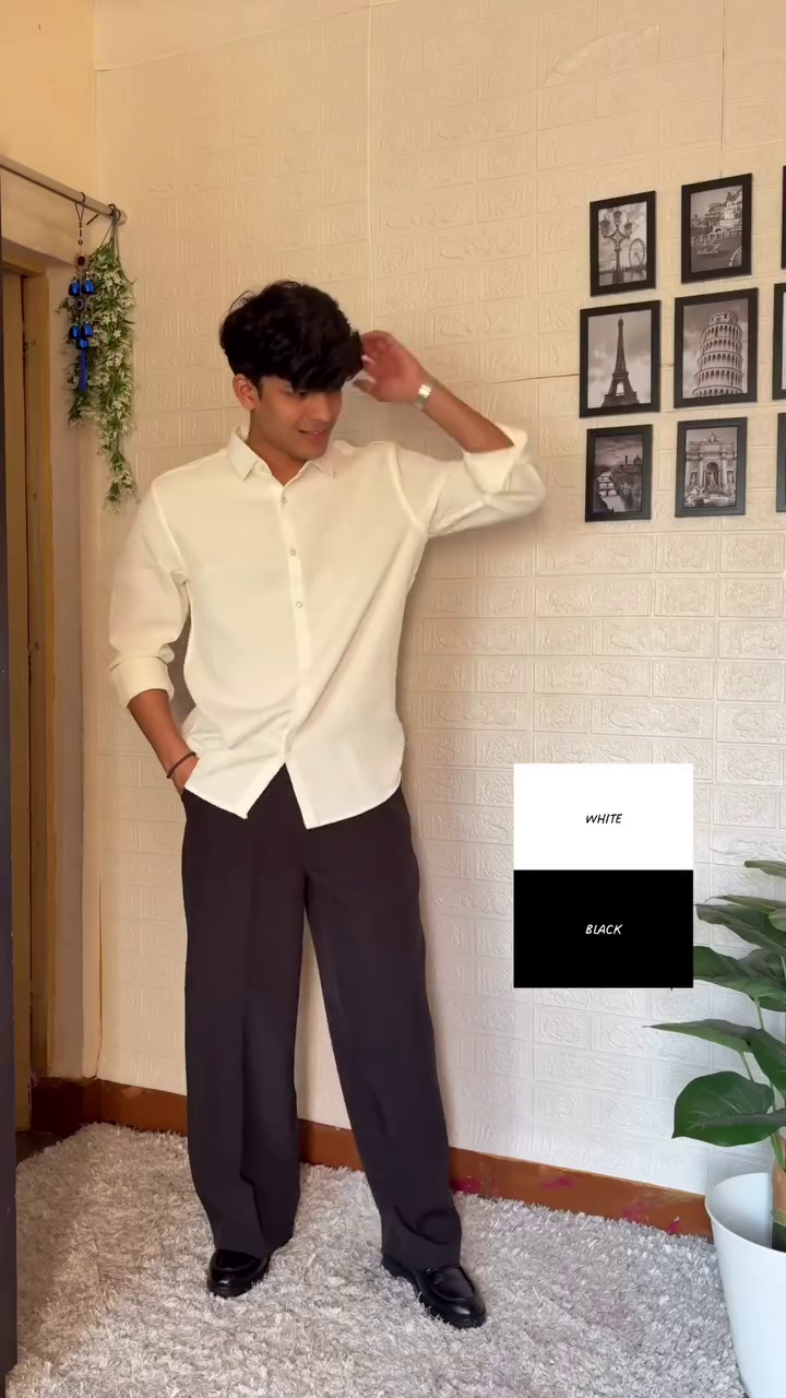 Navy Blue Shirt with Beige Trousers