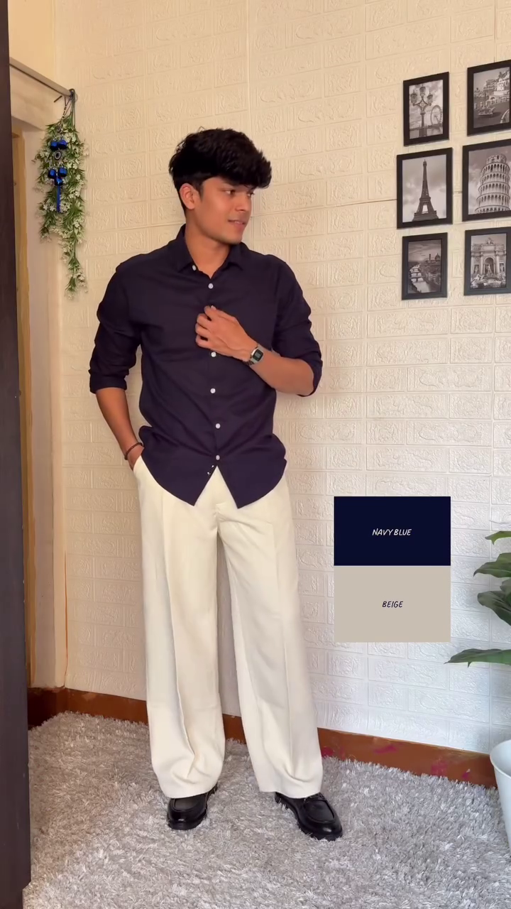 Navy Blue Shirt with Beige Trousers